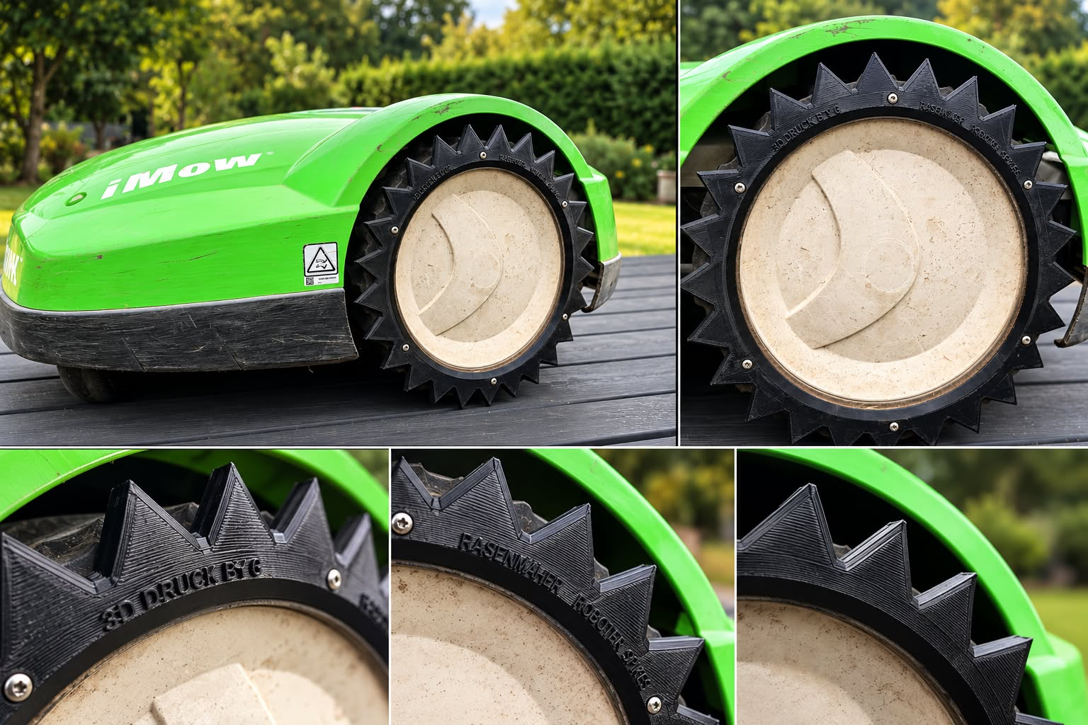 Rasenmähroboter-Spikes am grünen Mähroboter – Originalfoto